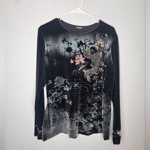 Vtg Koi Fish Black Velvet Long Sleeve Top Floral & rhinestone accents Sz L